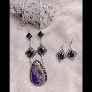 NEW Charoite and Amethyst, 925 Silver Necklace & Earring Set
